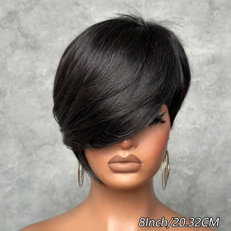 180% Density Brazilian Remy Human Hair Wig for Women - 8" Short Pixie Cut with Bangs